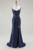 Red Mermaid Spaghetti Straps Corset Pleated Long Prom Dress with Slit