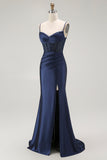 Red Mermaid Spaghetti Straps Corset Pleated Long Prom Dress with Slit