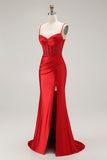 Red Mermaid Spaghetti Straps Corset Pleated Long Prom Dress with Slit