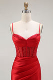 Red Mermaid Spaghetti Straps Corset Pleated Long Prom Dress with Slit