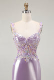 Lilac Mermaid Spaghetti Straps Appliqued Beaded Long Prom Dress with Slit