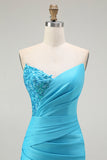 Sparkly Blue Strapless Mermaid Pleated Long Prom Dress with Slit