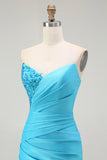 Sparkly Blue Strapless Mermaid Pleated Long Prom Dress with Slit
