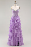 Purple A-Line Beaded Corset Tiered Ruffle Long Prom Dress with Lace Up Back