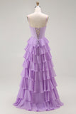 Purple A-Line Beaded Corset Tiered Ruffle Long Prom Dress with Lace Up Back