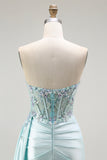 Light Green Mermaid Strapless Corset Beaded Long Prom Dress with Streamer