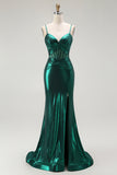Dark Green Mermaid Metallic Pleated Corset Long Prom Dress with Slit
