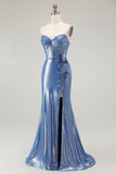 Mermaid Corset Sequins Sweetheart Beaded Blue Prom Dress With Slit