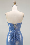 Mermaid Corset Sequins Sweetheart Beaded Blue Prom Dress With Slit