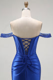 Royal Blue Mermaid Off The Shoulder Corset Long Prom Dress with Beading