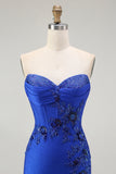 Royal Blue Mermaid Strapless Lace Up Back Beaded Long Prom Dress with Slit