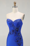 Royal Blue Mermaid Strapless Lace Up Back Beaded Long Prom Dress with Slit