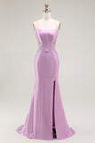 Purple Mermaid Spaghetti Straps Corset Long Prom Dress with Slit