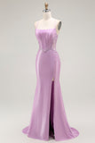 Purple Mermaid Spaghetti Straps Corset Long Prom Dress with Slit