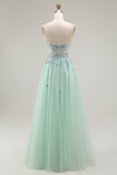 Green A-Line Strapless Tulle Sheer Corset Long Prom Dress with Appliques