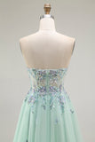 Green A-Line Strapless Tulle Sheer Corset Long Prom Dress with Appliques