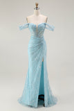 Blue Mermaid Off The Shoulder Beaded Long Prom Dress with Slit