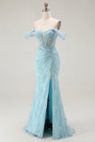 Blue Mermaid Off The Shoulder Beaded Long Prom Dress with Slit