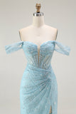 Blue Mermaid Off The Shoulder Beaded Long Prom Dress with Slit