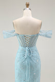 Blue Mermaid Off The Shoulder Beaded Long Prom Dress with Slit