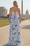 A Line White Blue Floral Basque Waist Corset Tiered Long Plus Size Prom Dress with Slit