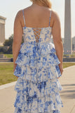 A Line White Blue Floral Basque Waist Corset Tiered Long Plus Size Prom Dress with Slit