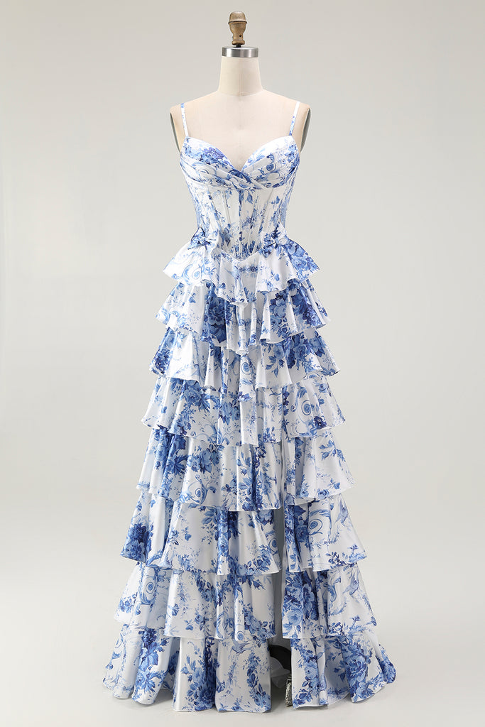 Zapaka Women White Blue Floral Prom Dress Corset Spaghetti Straps A