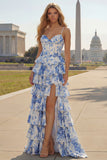 White Blue Floral A Line Basque Waist Corset Tiered Long Prom Dress with Ruffle Slit