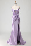 Purple Mermaid Corset Spaghetti Straps Beaded Long Prom Dress with Slit