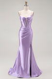 Purple Mermaid Spaghetti Straps Corset Beaded Long Prom Dress with Slit