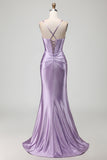 Purple Mermaid Corset Spaghetti Straps Beaded Long Prom Dress with Slit