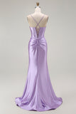 Purple Mermaid Spaghetti Straps Corset Beaded Long Prom Dress with Slit