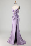 Purple Mermaid Corset Spaghetti Straps Beaded Long Prom Dress with Slit