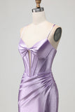 Purple Mermaid Corset Spaghetti Straps Beaded Long Prom Dress with Slit