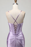Purple Mermaid Corset Spaghetti Straps Beaded Long Prom Dress with Slit