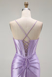 Purple Mermaid Spaghetti Straps Corset Beaded Long Prom Dress with Slit