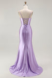 Purple Mermaid Corset Ruched Long Prom Dress with Ruffled Slit