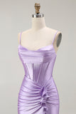 Purple Mermaid Corset Ruched Long Prom Dress with Ruffled Slit