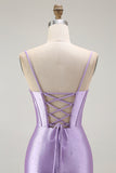 Purple Mermaid Corset Ruched Long Prom Dress with Ruffled Slit