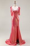 Metallic Coral Beaded Mermaid Ruched Long Prom Dress with Slit