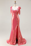 Metallic Coral Beaded Mermaid Ruched Long Prom Dress with Slit