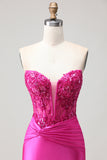 Fuchsia Mermaid Sweetheart Pleated Corset Sequin Long Prom Dress with Lace Up Back