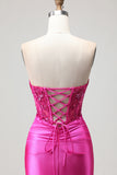 Fuchsia Mermaid Sweetheart Pleated Corset Sequin Long Prom Dress with Lace Up Back
