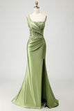 Green Mermaid One Shoulder Beaded Appliqued Corset Ruched Long Prom Dress with Slit
