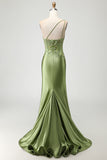 Green Mermaid One Shoulder Beaded Appliqued Corset Ruched Long Prom Dress with Slit