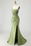 Green Mermaid One Shoulder Beaded Appliqued Corset Ruched Long Prom Dress with Slit