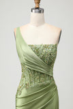 Green Mermaid One Shoulder Beaded Appliqued Corset Ruched Long Prom Dress with Slit