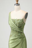 Green Mermaid One Shoulder Beaded Appliqued Corset Ruched Long Prom Dress with Slit