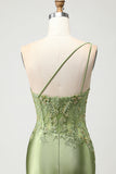 Green Mermaid One Shoulder Beaded Appliqued Corset Ruched Long Prom Dress with Slit