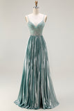 Metallic Grey Green A Line Pleated Beaded Long Prom Dress with Slit